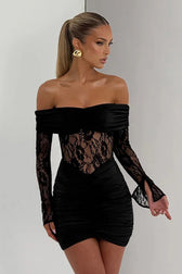 Open Shoulder Lace Trim Bodycon Mini Lace Dress