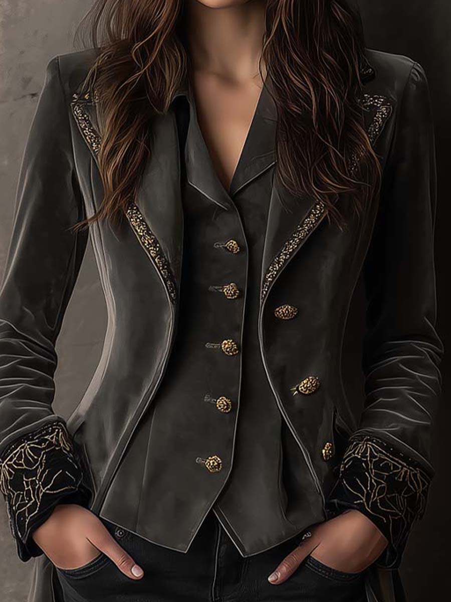 Embroidered Polyester Velvet Long Blazer