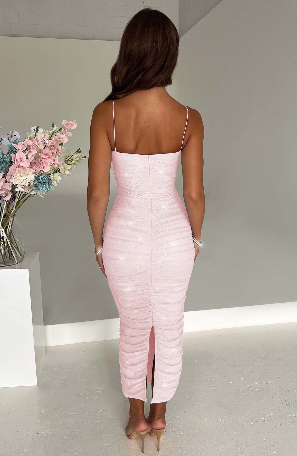 Mesh Strapless Ruched Bodycon Midi Dress 4