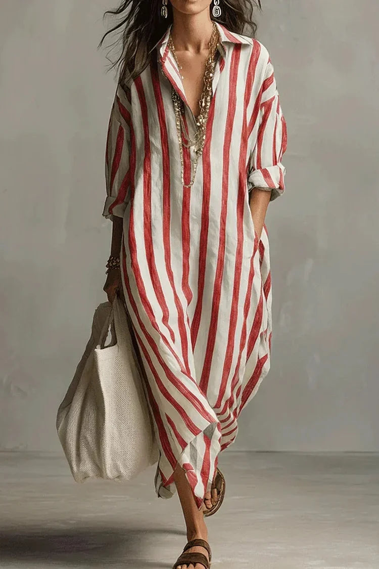 Casual Striped Shirt Bohemian Style Maxi Dress