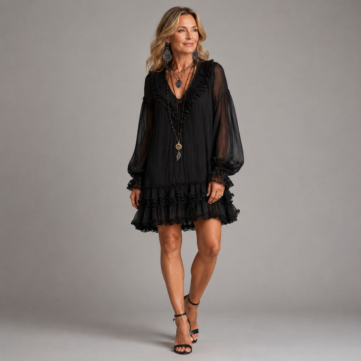 Chiffon V-Neck Long Sleeve Ruffle Tiered Mini Dress