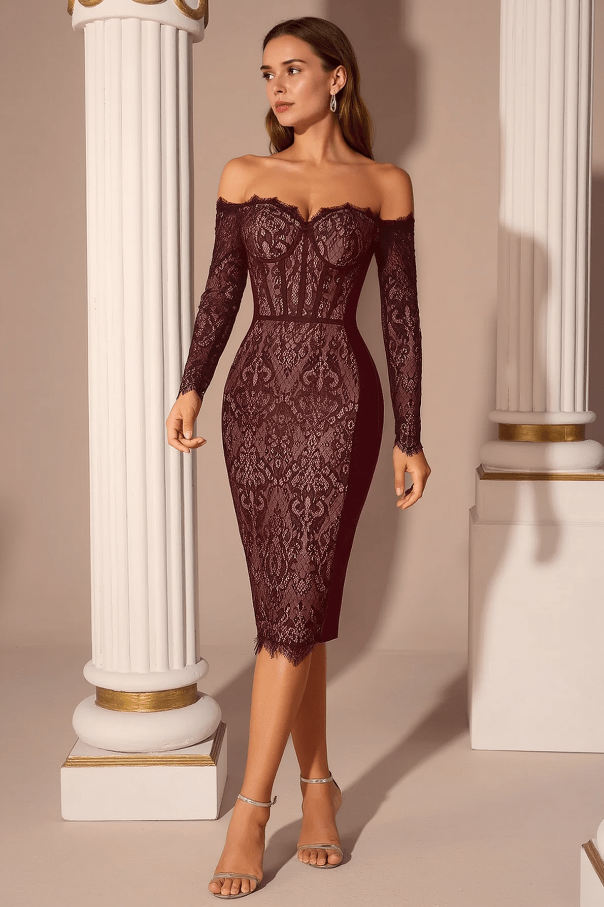 Off Shoulder Lace Corset Waist Slim Bodycon Dress