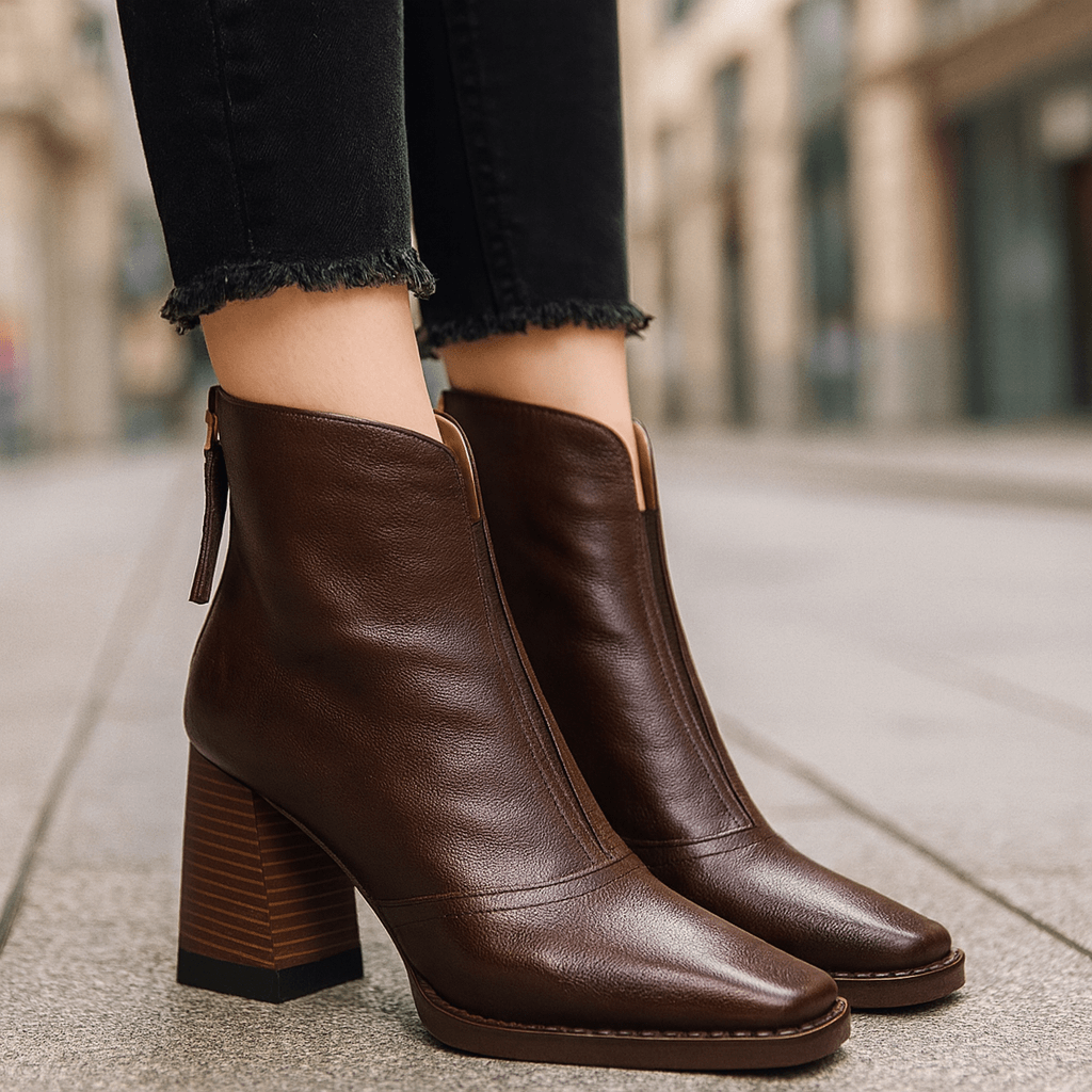 Square Toe Block Heel Back Zip Ankle Boots