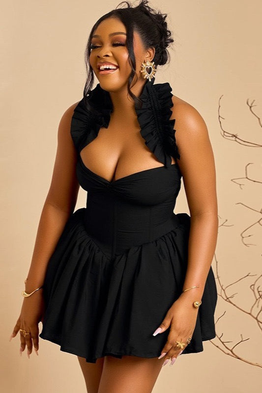 One Shoulder Ruffle Sweetheart Corset Fit and Flare Mini Dress