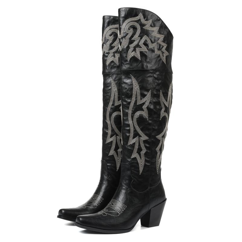 Embroidered Block Heel Over The Knee Cowboy Boots