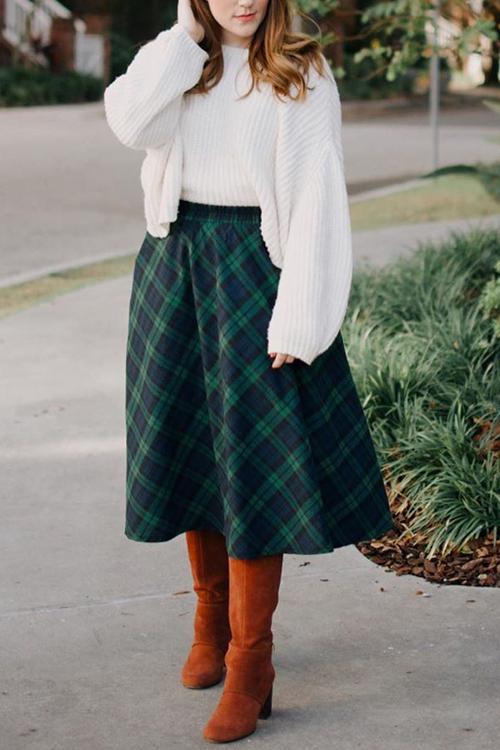 Pockets Plaid A Line Woolen Skirts