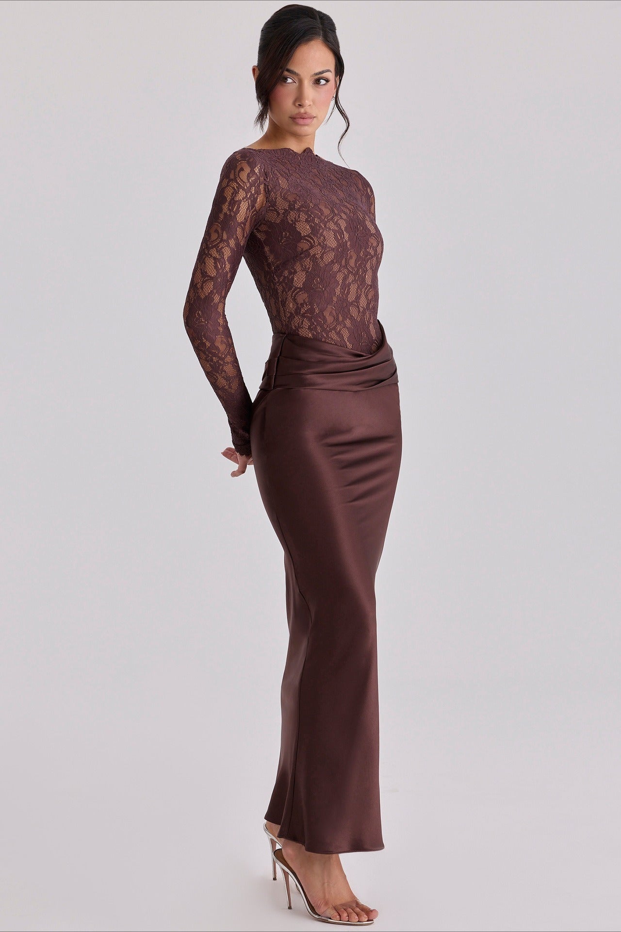 Sheer Lace Panel Ruched Satin Mermaid Maxi Lace Dress