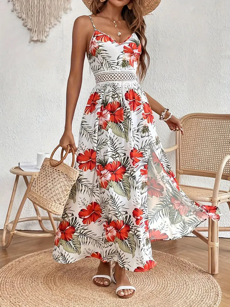Tropical Print Spaghetti Strap Lace Waist Maxi Dress 3