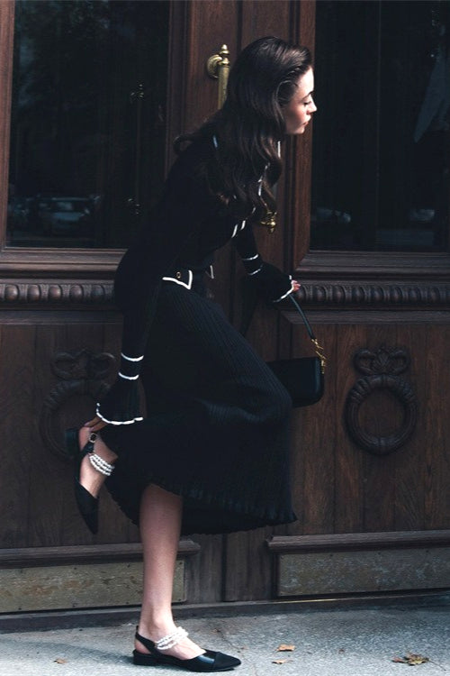 Ruffled Knit Collared Fitted Sweater Dress