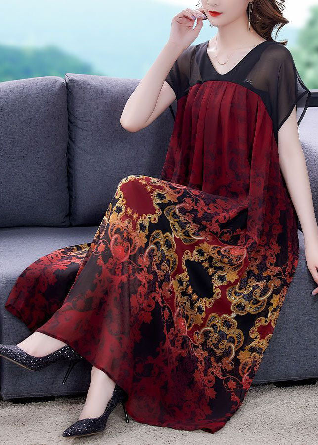 Baroque Damask Print V-Neck Sheer Short Sleeve Patchwork Chiffon Midi Dress