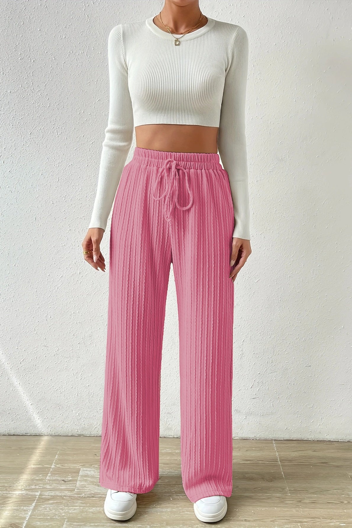 Elastic High Waist Drawstring Cable Textured Knit Wide Leg Pants 11
