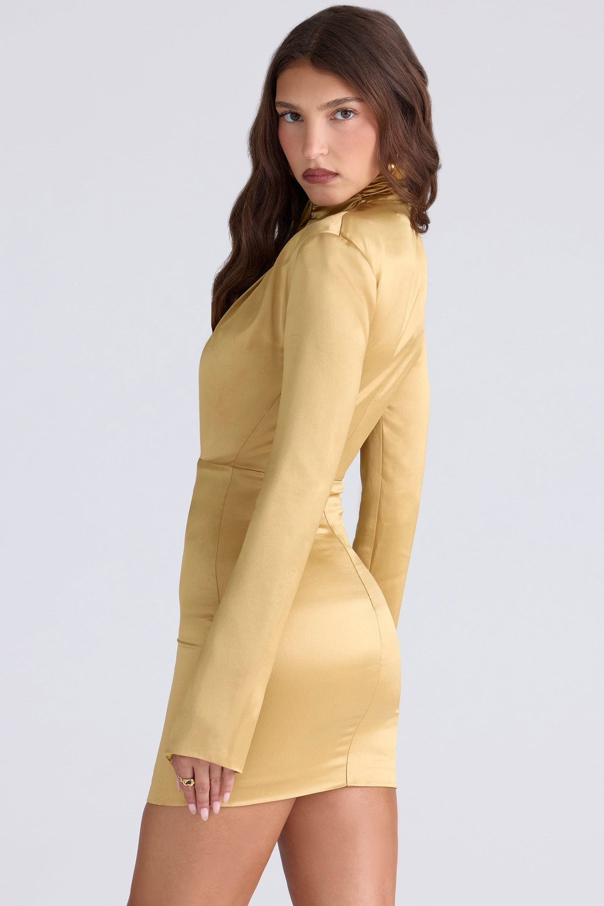 Satin Twist Mock Neck Long Sleeve Shoulder Pad Mini Dress 2