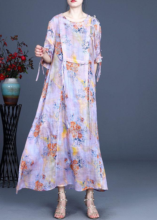 Floral Print Frog Closure Chest Panel Half Sleeve Oversized Linen Blend Maxi Dress