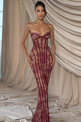 Strapless Lace Vertical Bodycon Maxi Lace Dress