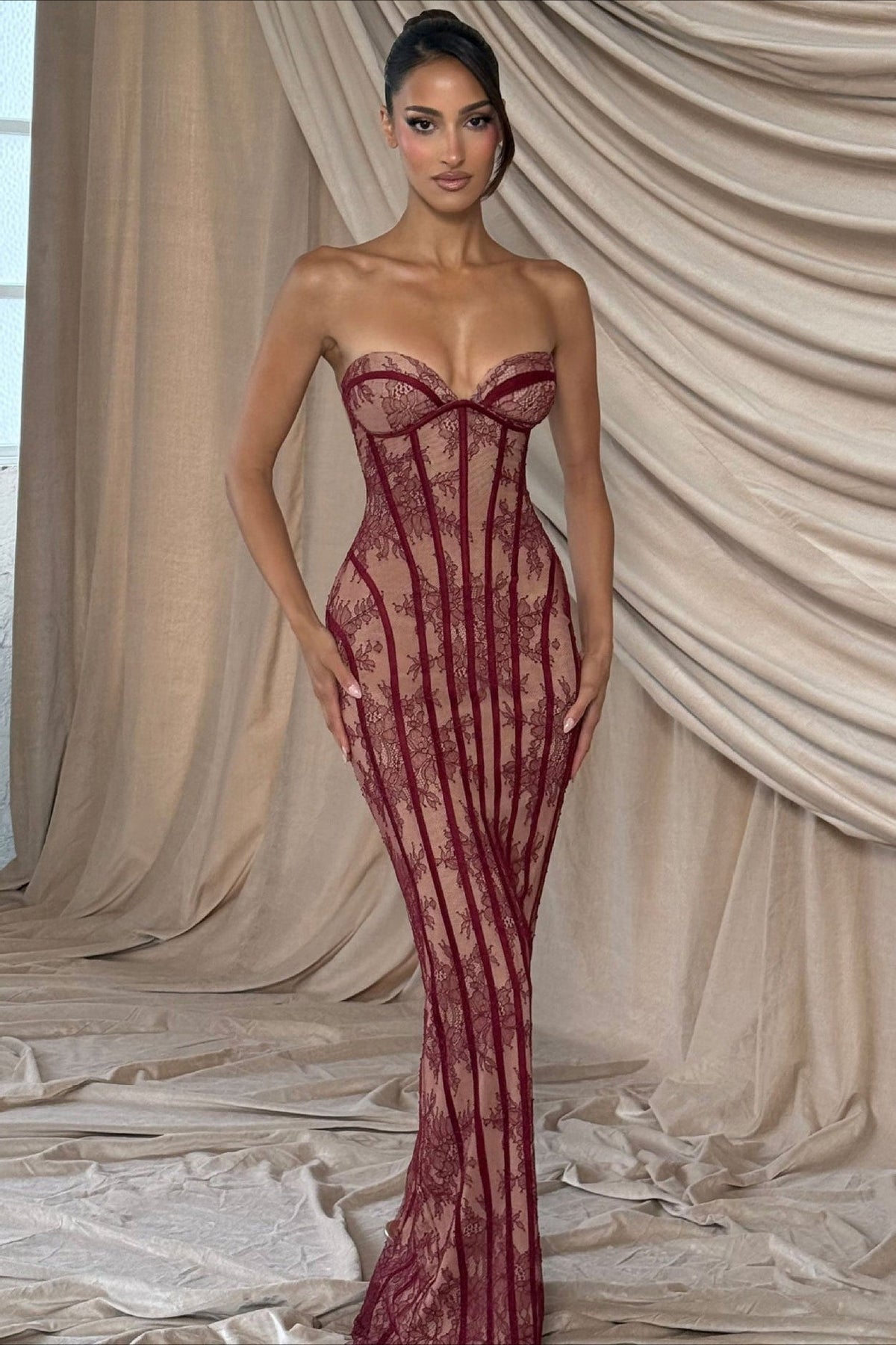 Strapless Sweetheart Lace Corset Boning Bodycon Maxi Dress 5