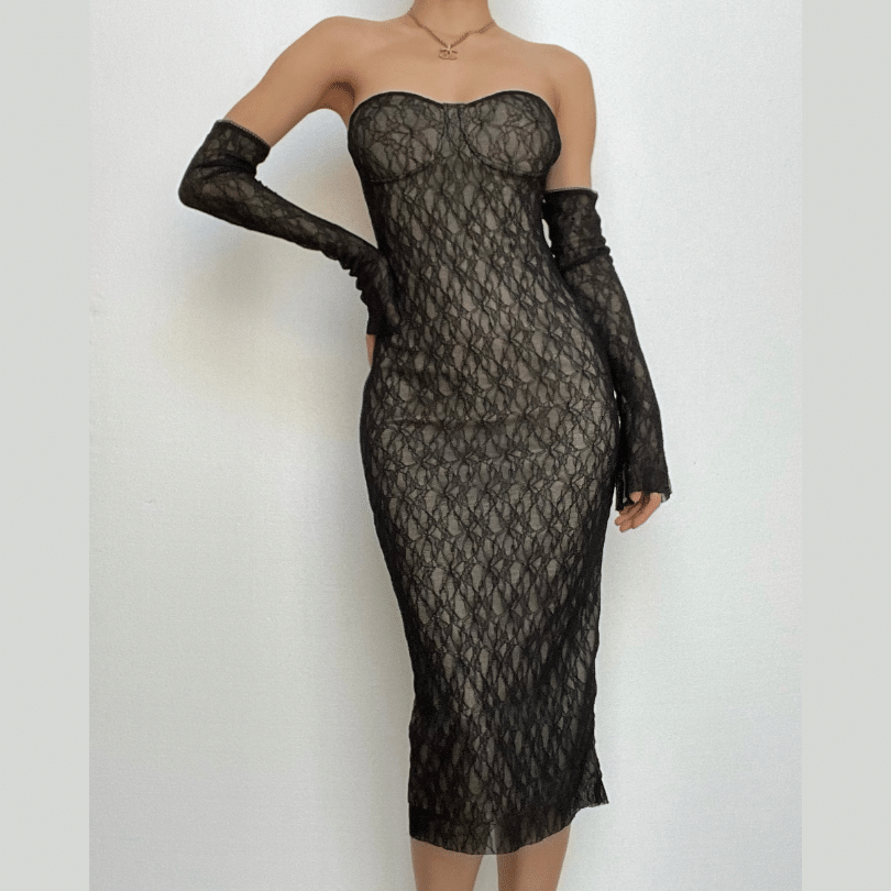 Lace Strapless Sweetheart Neck Bodycon Midi Dress with Gloves