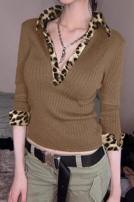 Leopard V Neck Ribbed Long Sleeve Top