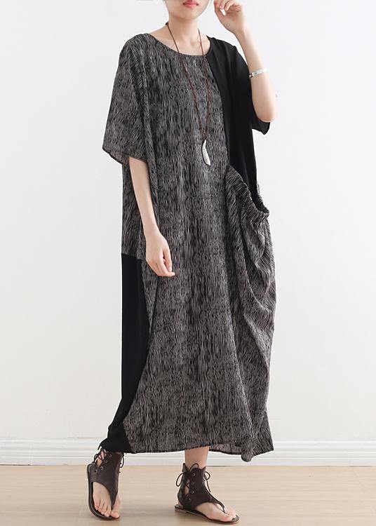 Textured Stripe Print Short Sleeve Patch Pocket Oversized Maxi Dress