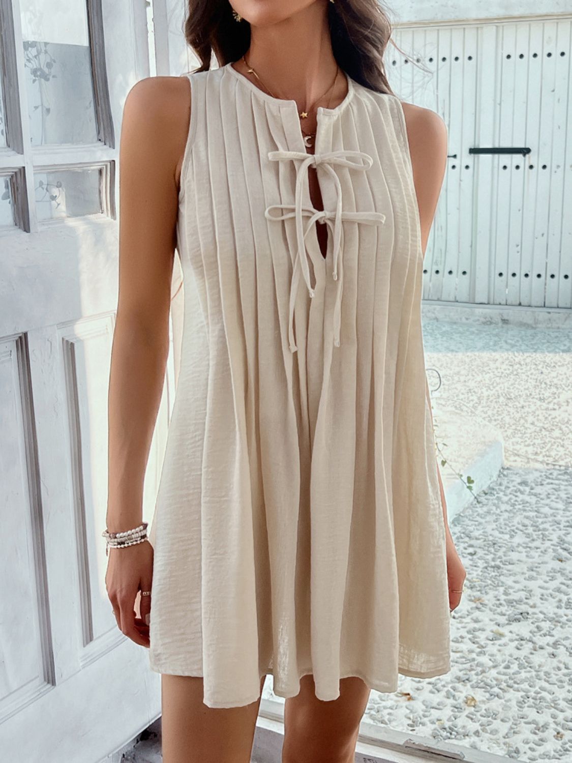 Pintuck Pleated Tie Front Keyhole Sleeveless Shift Mini Dress