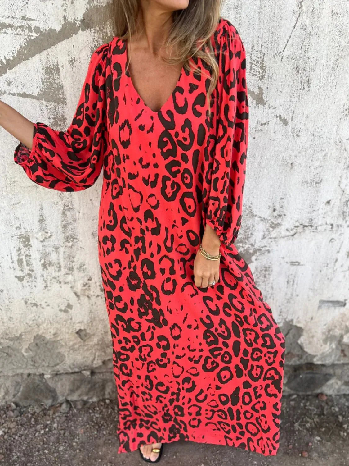 Full Size Printed V-Neck Dress with Pockets Plus Size Red