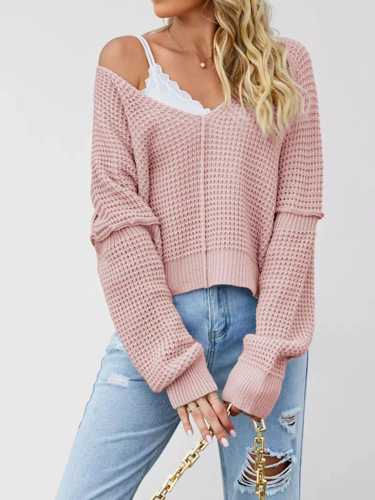 V-Neck Waffle Knit Drop Shoulder Exposed Seam Long Sleeve Sweater 8