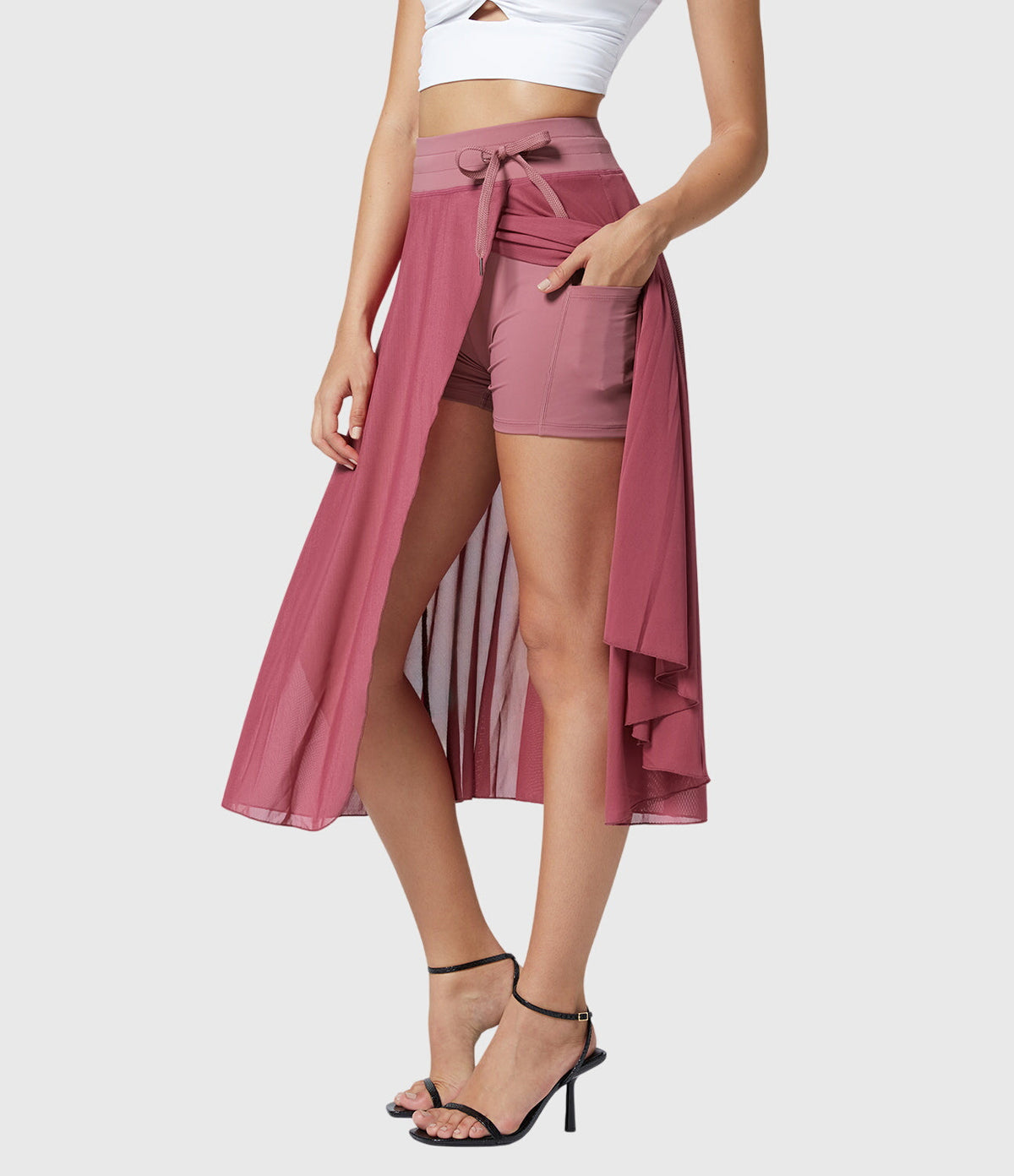 High Waist Drawstring Front Slit A-Line Midi Skirt