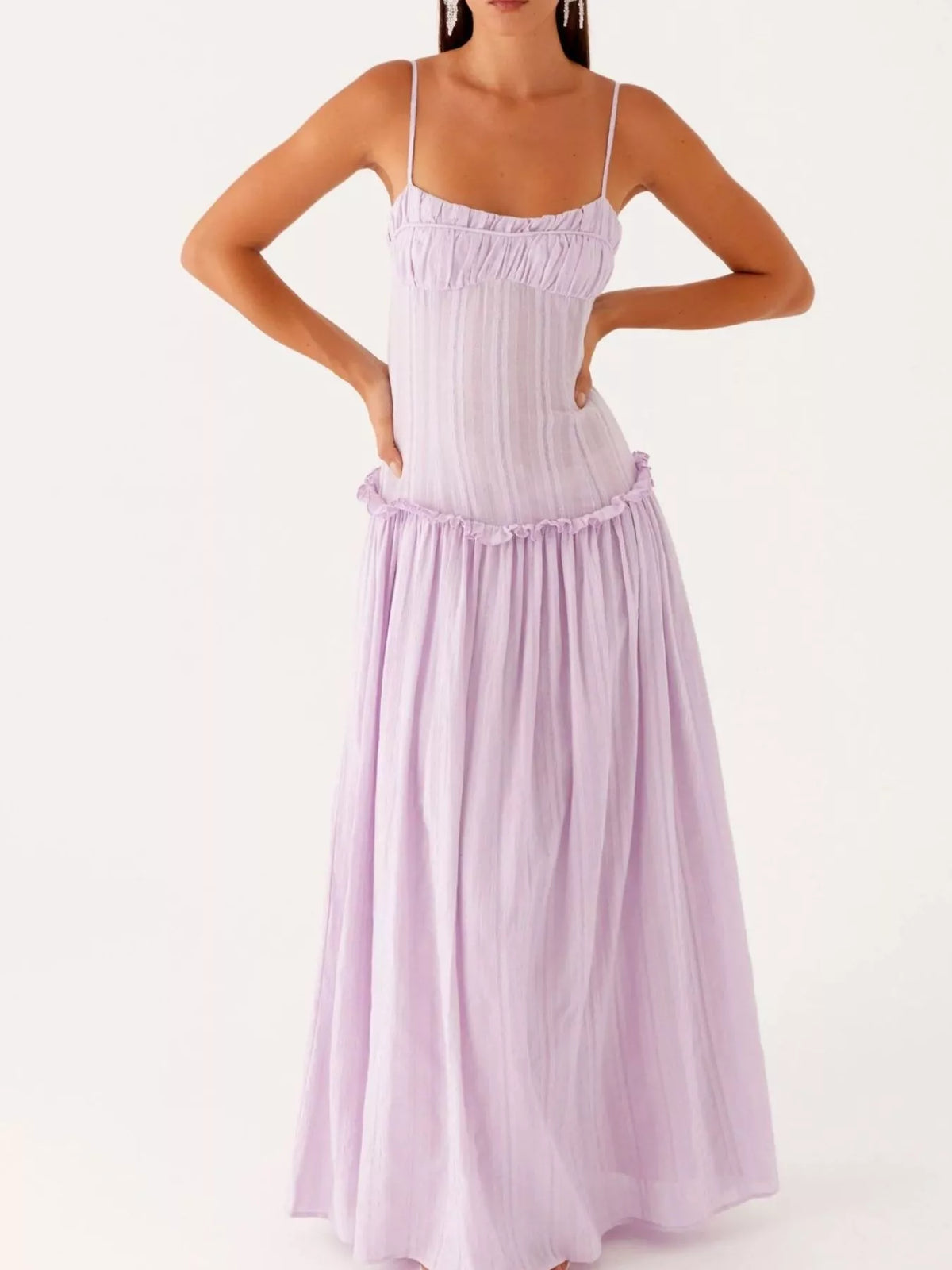 Ruched Bust Drop Waist Ruffle Trim Cami Maxi Dress 17