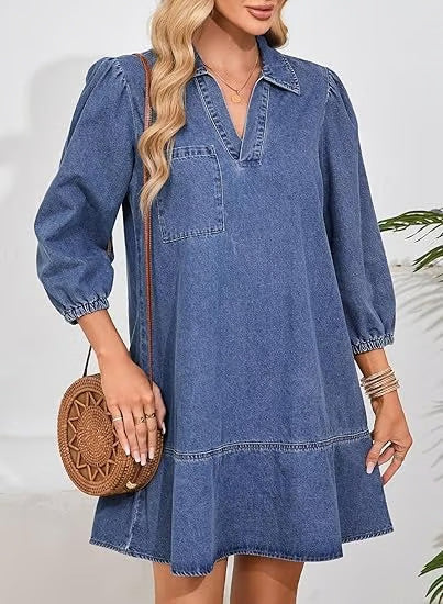 Denim V-Neck Puff Sleeve Pocket A-Line Mini Dress 8