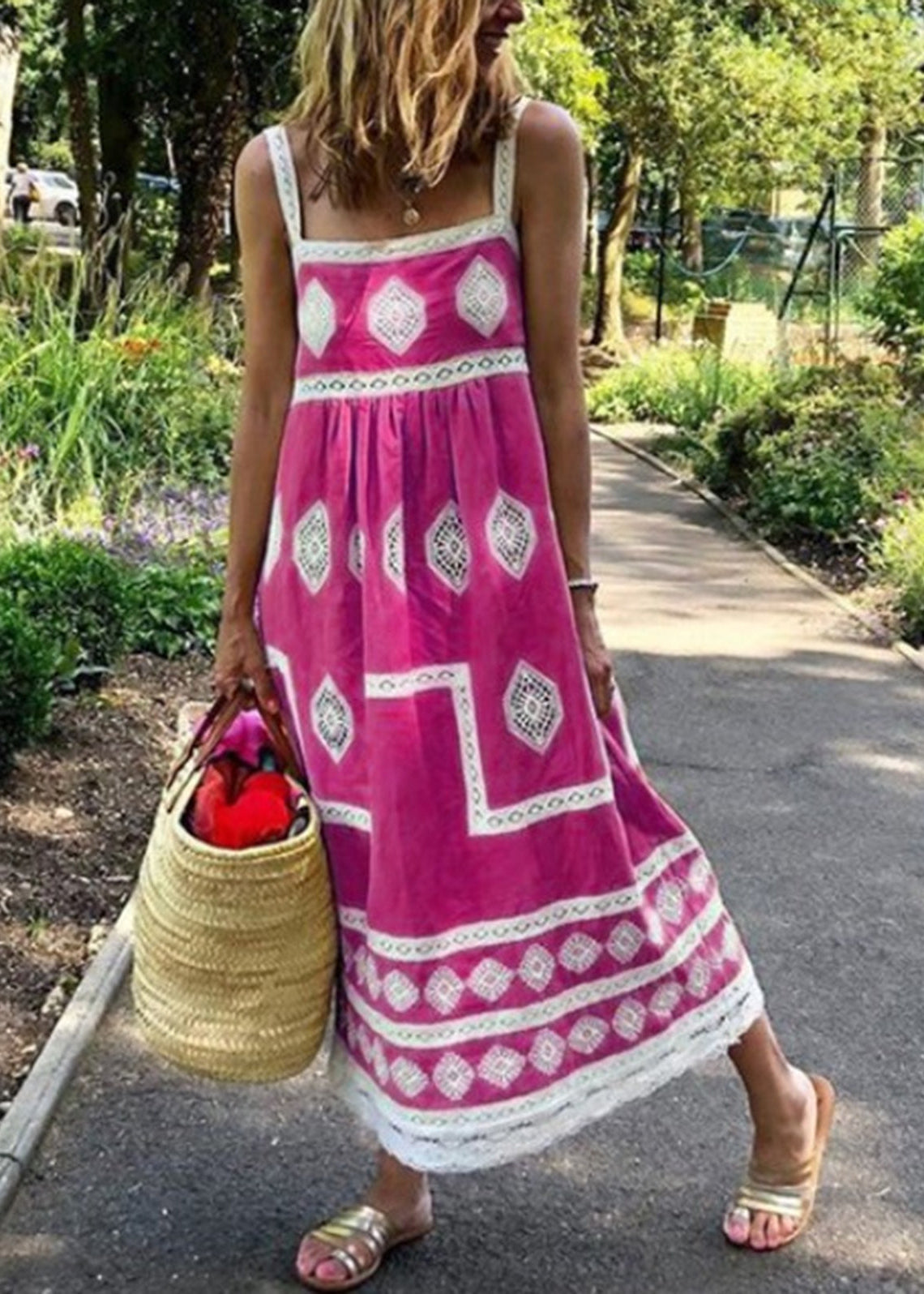 Rose Red Square Neck Boho Print Tank Maxi Dress