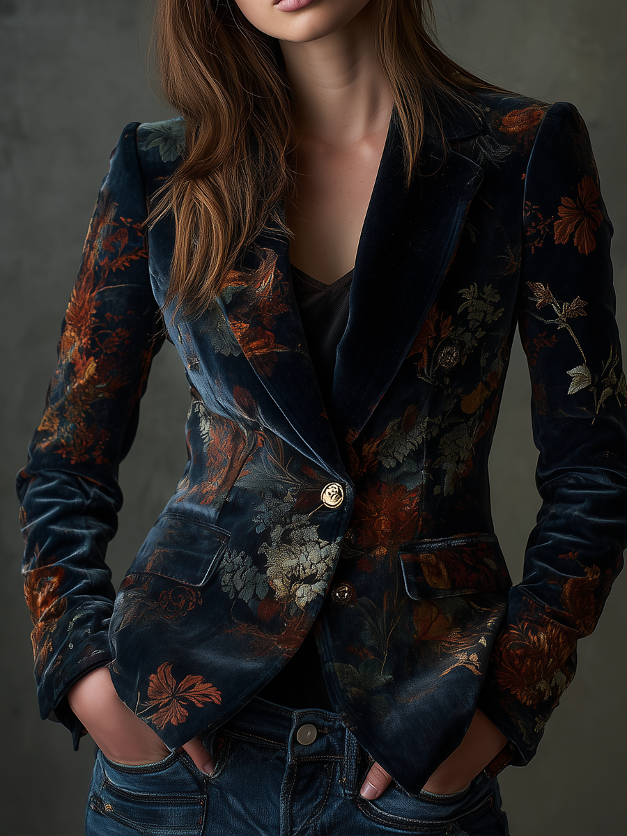 Floral Print Peak Lapel Single Button Velvet Blazer
