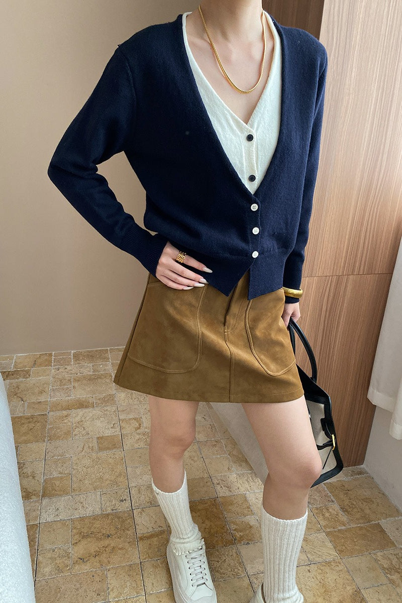 V-Neck Long Sleeve Two Tone Layered Look Button Front Knit Cardigan 5