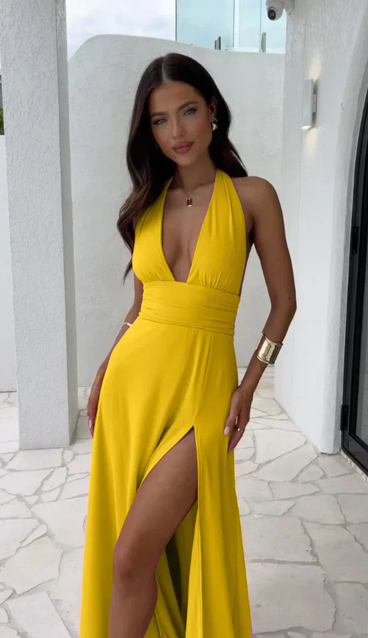 Teodora Boutique Deep V Neck Split Solid Color Dress Evening Wear Edit