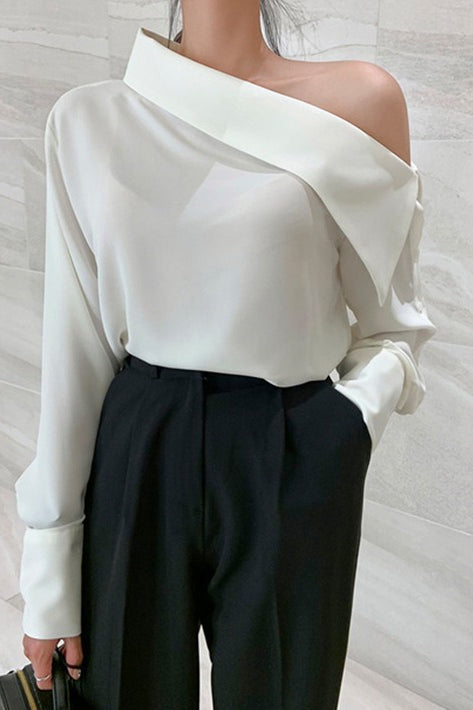 Off Shoulder Button Front Long Sleeve Top