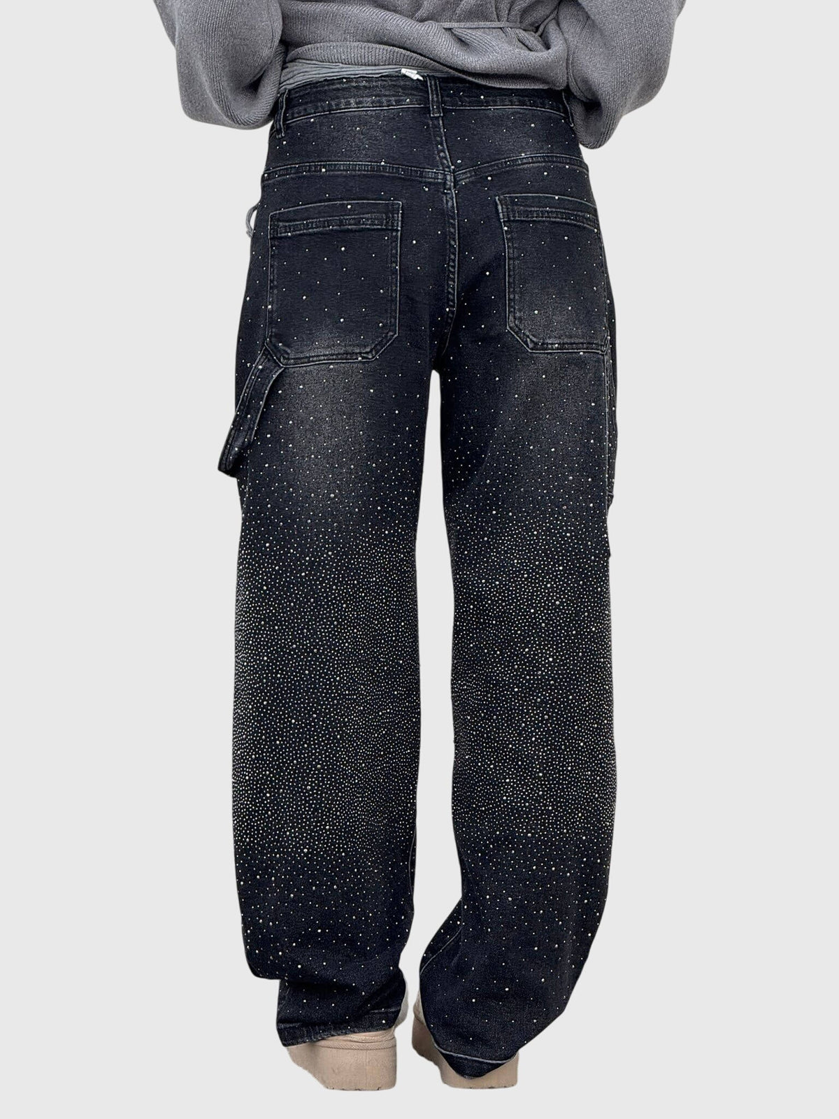 Rhinestone Embellished Wide Leg Cargo Jeans
