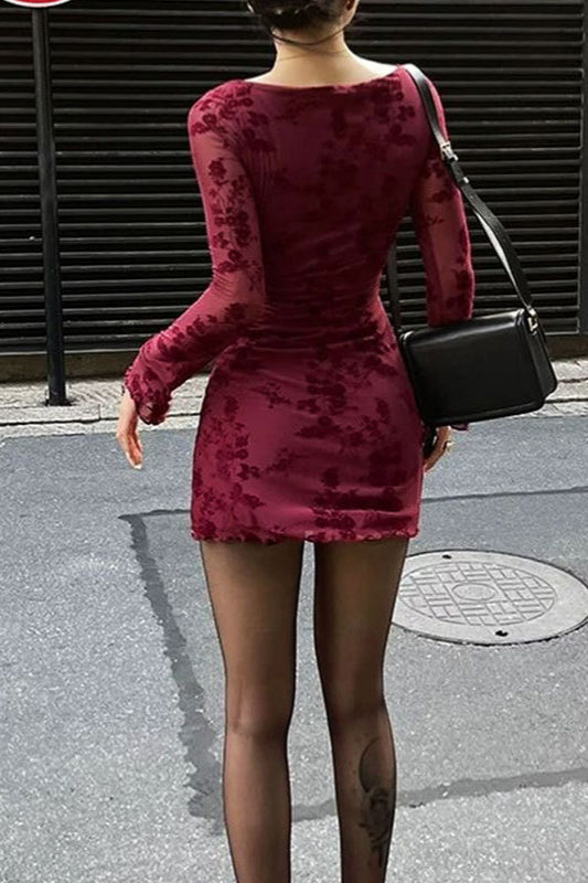 Floral Mesh Boat Neck Long Sleeve Bodycon Mini Dress