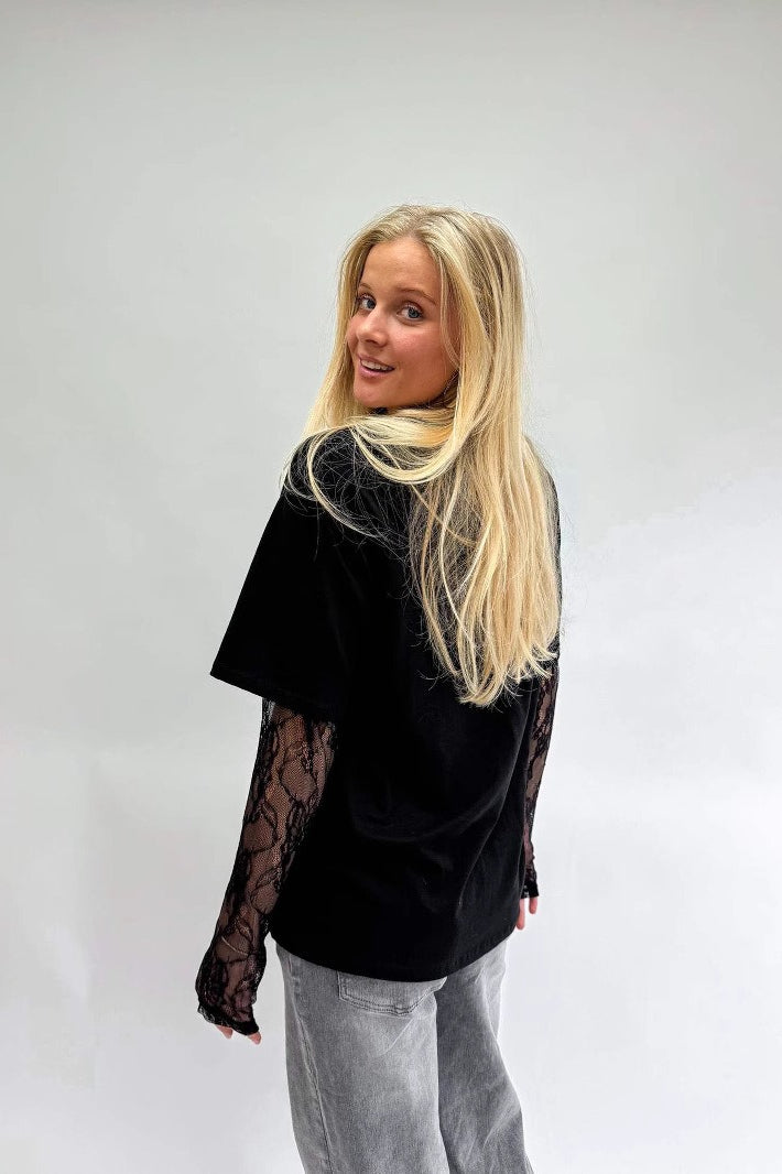 Lace Trim Crew Neck Long Sleeve Top