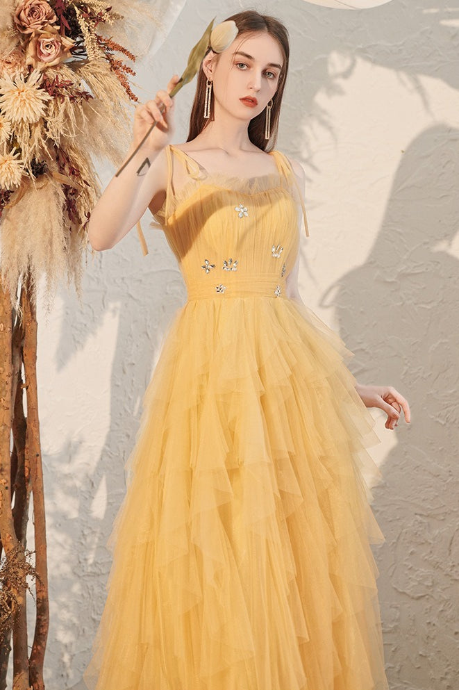 Tulle Spaghetti Strap Square Neck Tiered Ruffle Maxi Prom Dress