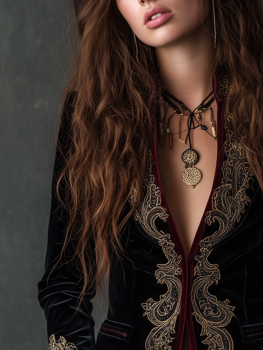 Baroque Embroidered Plunge Velvet Blazer