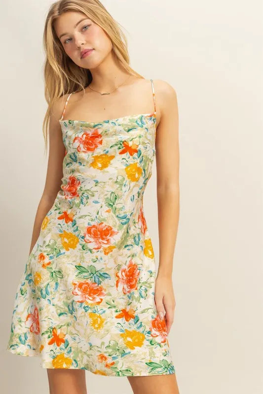 Floral Print Satin Cowl Neck Spaghetti Strap Flared Mini Dress