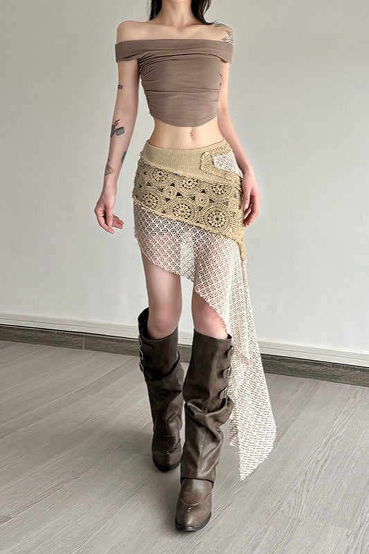 Crochet Lace Patchwork Asymmetric High Low Hem Wrap Skirt 2