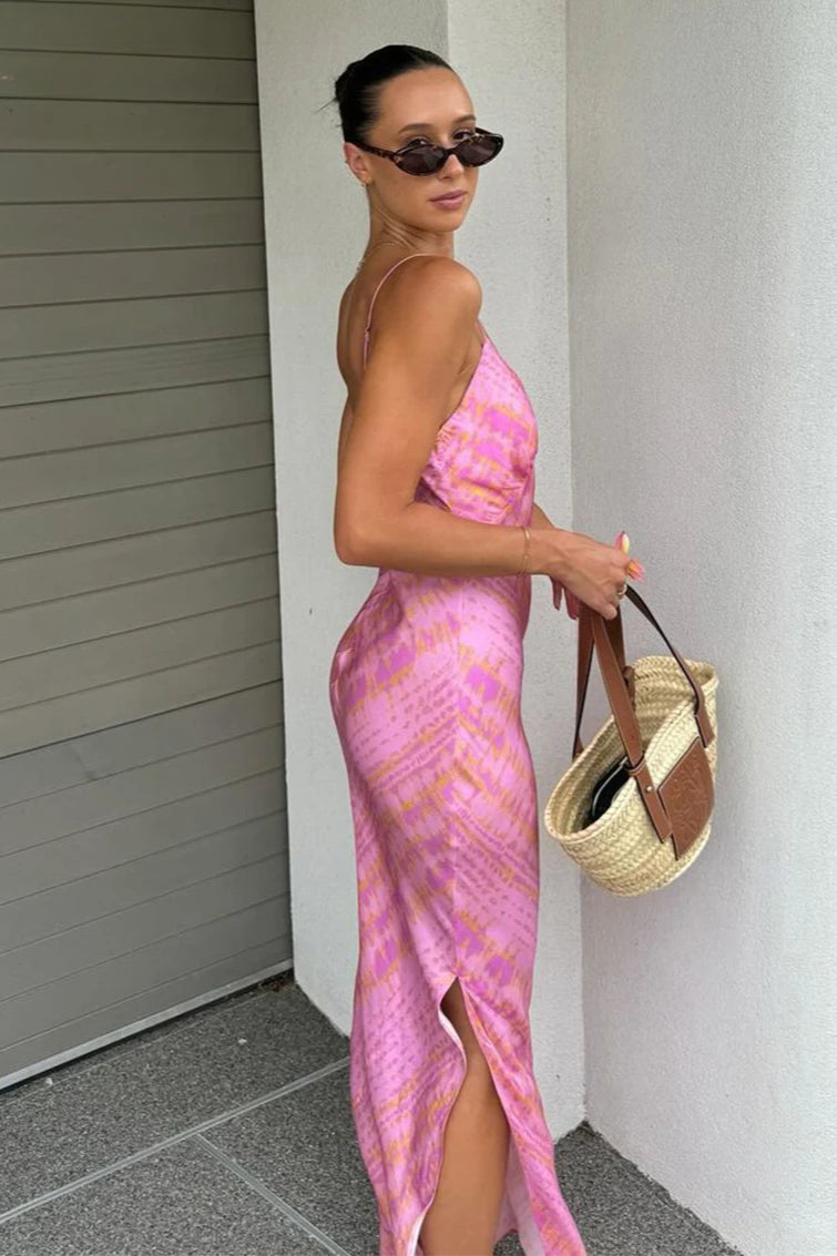 Slim Print Sleeveless Backless Slit Maxi Dress