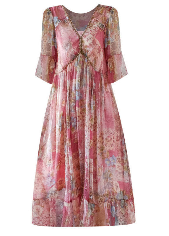 Floral Print Deep V-Neck Flutter Sleeve Drawstring Tiered Midi Dress
