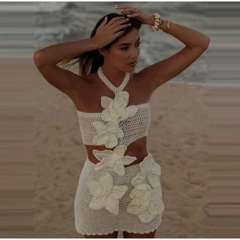 Crochet Knit 3D Flower Halter Crop Top and Mini Skirt Two Piece Set 11
