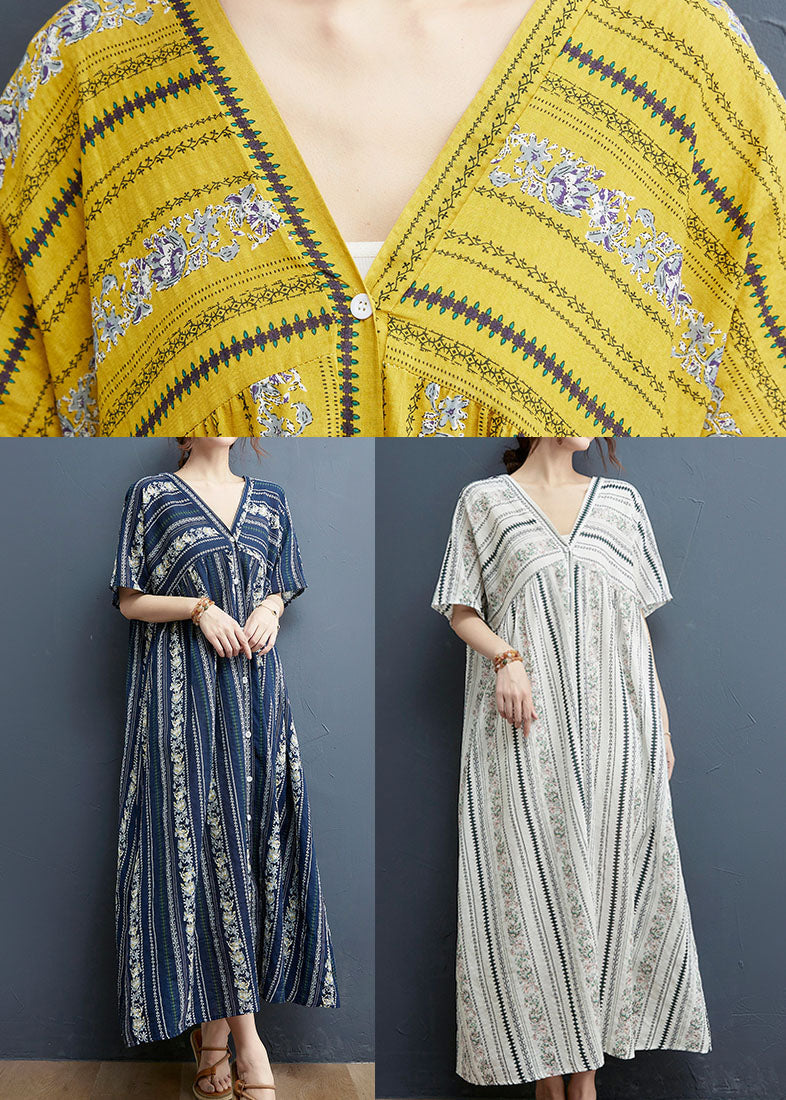 Vertical Border Print V-Neck Button Front Short Sleeve Maxi Dress