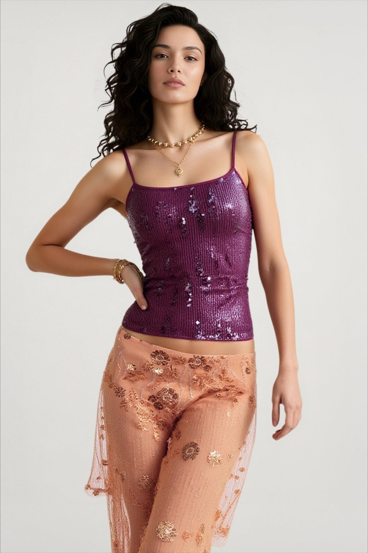 Sequin Scoop Neck Spaghetti Strap Fitted Cami Top 4
