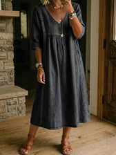 Denim V-Neck Pocket Midi Dress 4