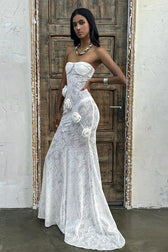 Sheer Lace Strapless Floral Applique Train Lace Dress