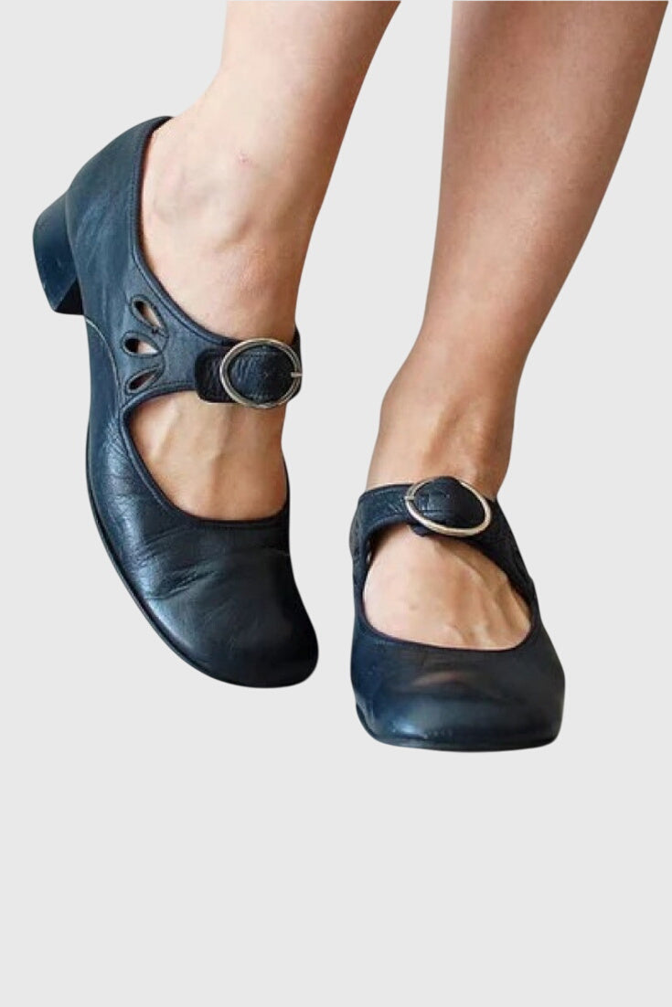 Square Toe Buckle Strap Low Block Heel Mary Jane Pumps