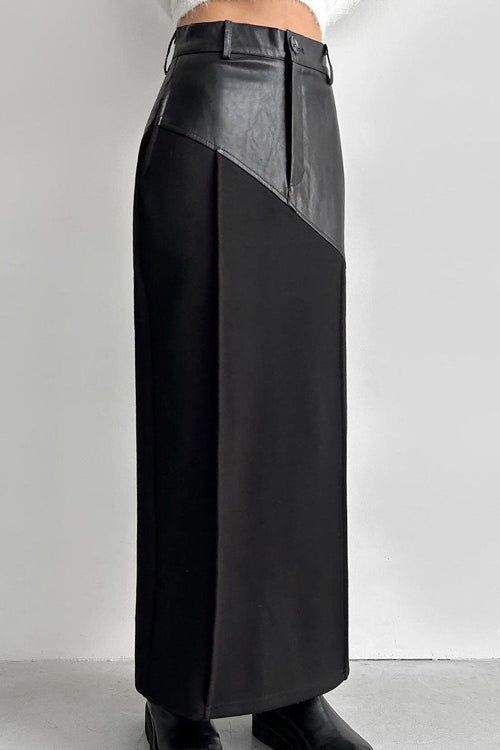 High Waist Faux Leather Asymmetric Panel Slit Hem Maxi Skirt 3