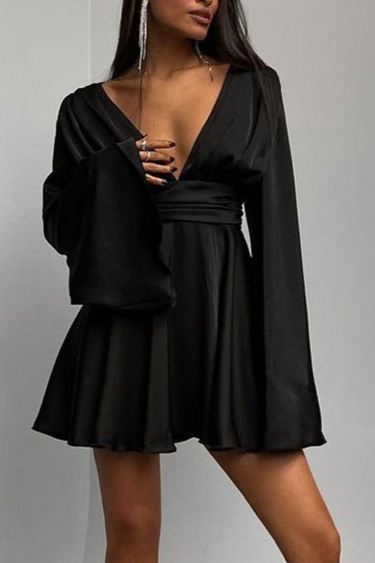 Satin Deep V Backless Flare-Sleeve Silk Dress 3